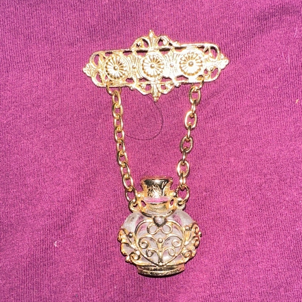 Gold Vintage-Inspired Brooch with Chain and Clear Swinging Flask Pendant